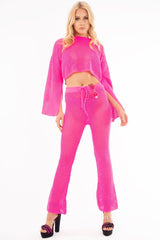 Neon Pink Fishnet Crop Jumper Wide Leg Trouser Co-ord - Haddie-Co-ords