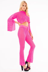 Neon Pink Fishnet Crop Jumper Wide Leg Trouser Co-ord - Haddie-Co-ords