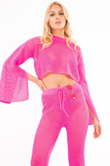 Neon Pink Fishnet Crop Jumper Wide Leg Trouser Co-ord - Haddie-Co-ords