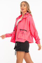 Neon Pink Hooded Zip Front Rain Parka - Leticia-Coats