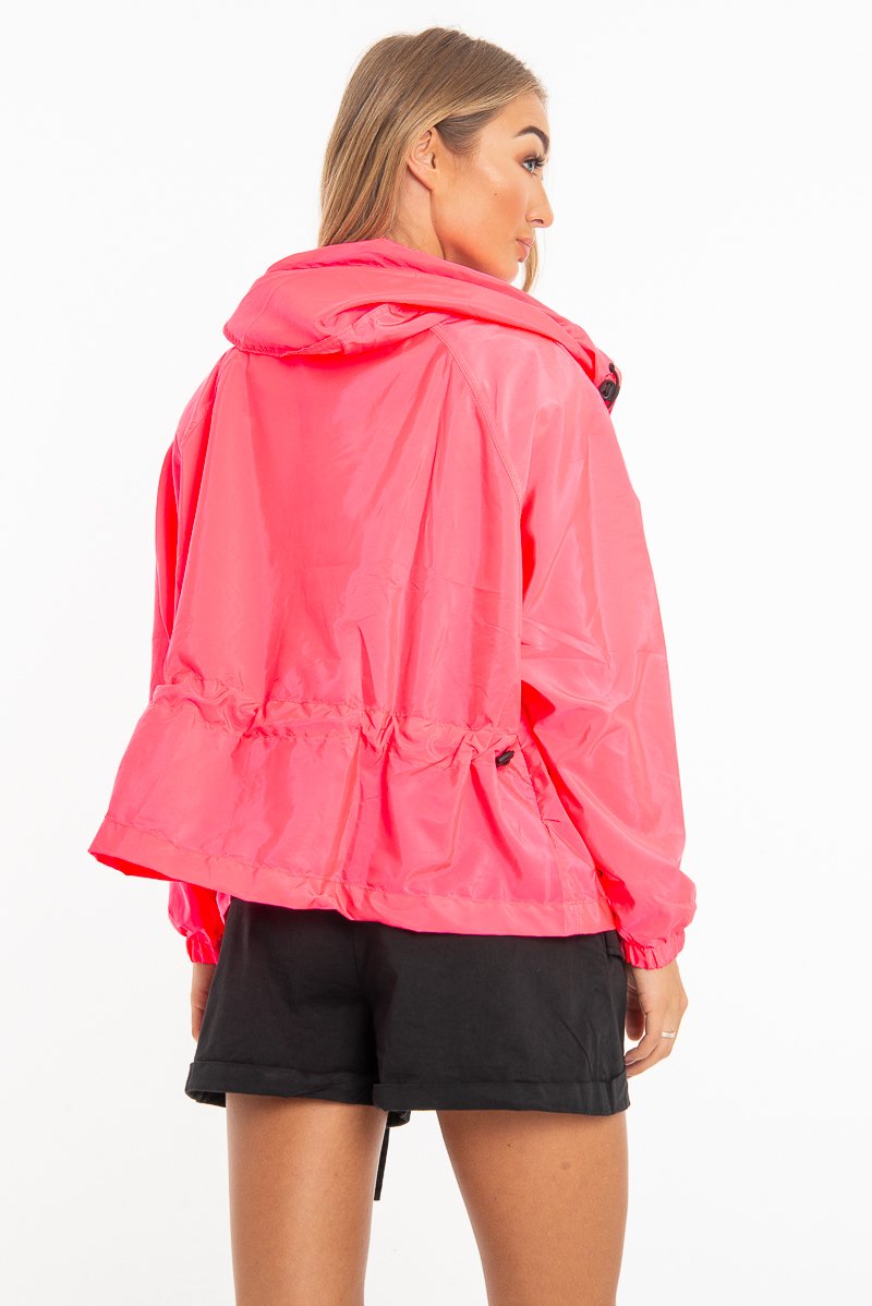 Neon Pink Hooded Zip Front Rain Parka - Leticia-Coats