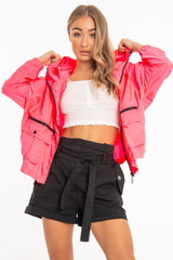 Neon Pink Hooded Zip Front Rain Parka - Leticia-Coats