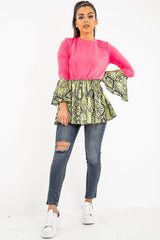 Neon Pink Lime Snake Print Flare Sleeve Peplum Top - Dhara-Tops