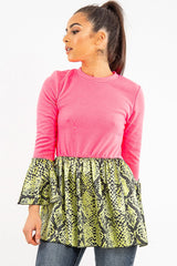 Neon Pink Lime Snake Print Flare Sleeve Peplum Top - Dhara-Tops