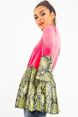 Neon Pink Lime Snake Print Flare Sleeve Peplum Top - Dhara-Tops