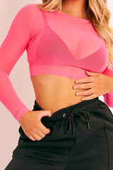 Neon Pink Mesh Long Sleeve Crop Top - Aaima-Tops