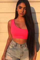 Neon Pink One Shouldered Crop Top - Kamri-Crop Tops