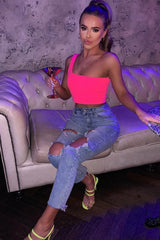 Neon Pink One Shouldered Crop Top - Kamri-Crop Tops