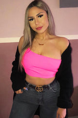 Neon Pink One Shouldered Crop Top - Kamri-Crop Tops