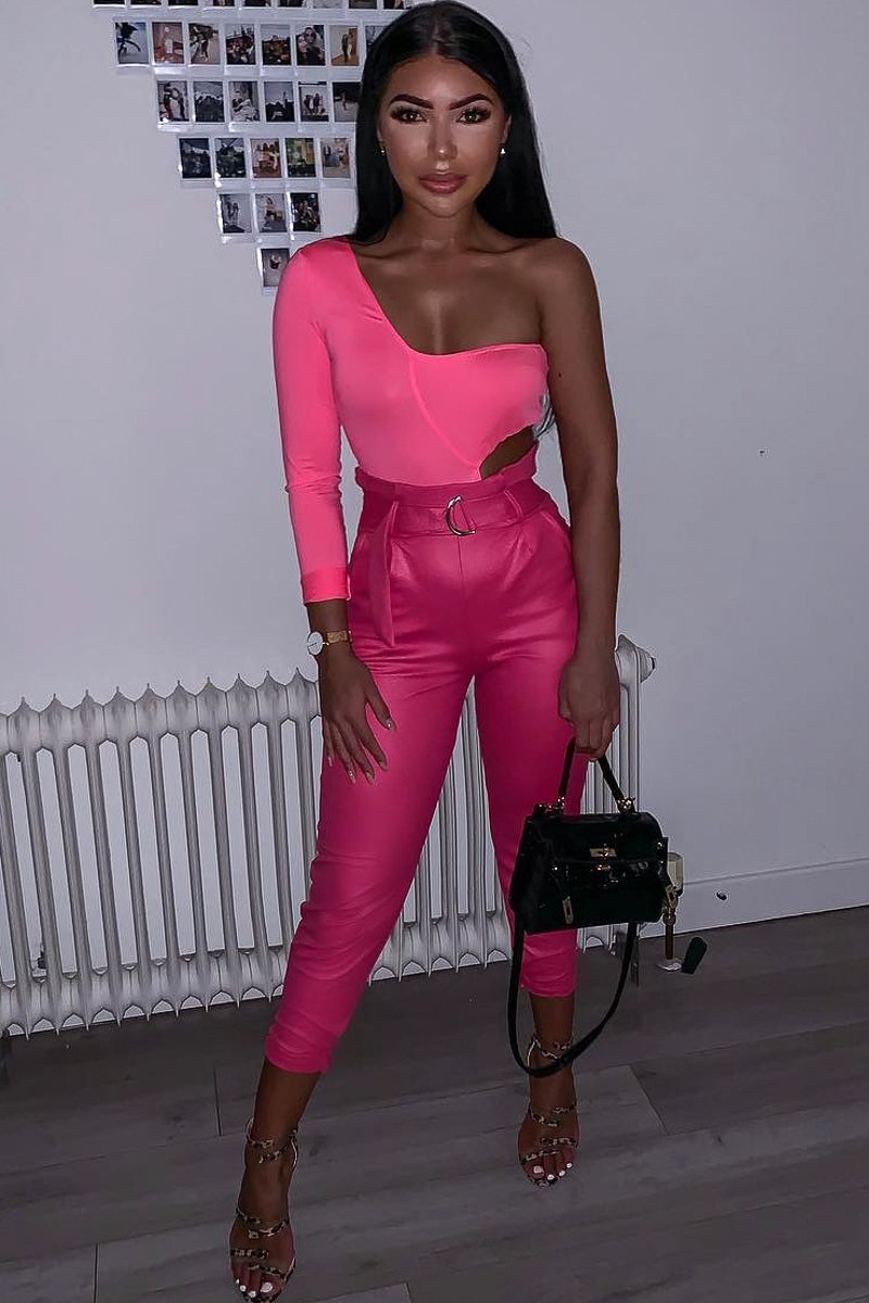 Neon Pink One Sleeve Cut Out Bodysuit - Lyana-Bodysuits