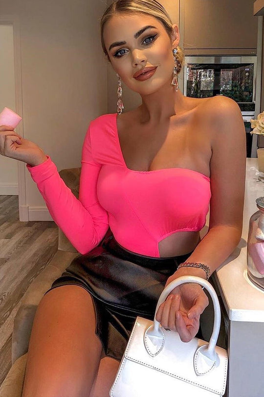 Neon Pink One Sleeve Cut Out Bodysuit - Lyana