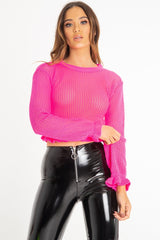 Neon Pink Open Knit Ruffle Hem Crop Jumper - Carrie-Crop Jumper