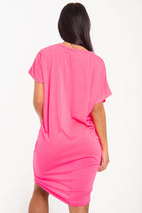 Neon Pink Oversized Pocket Front Midi T-Shirt Dress - Whitney-Dresses
