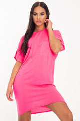 Neon Pink Oversized Pocket Front Midi T-Shirt Dress - Whitney-Dresses