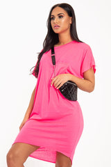 Neon Pink Oversized Pocket Front Midi T-Shirt Dress - Whitney-Dresses
