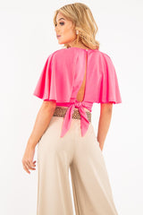Neon Pink Plunge Tie Back Blouse Crop Top - Bryelle-Blouse
