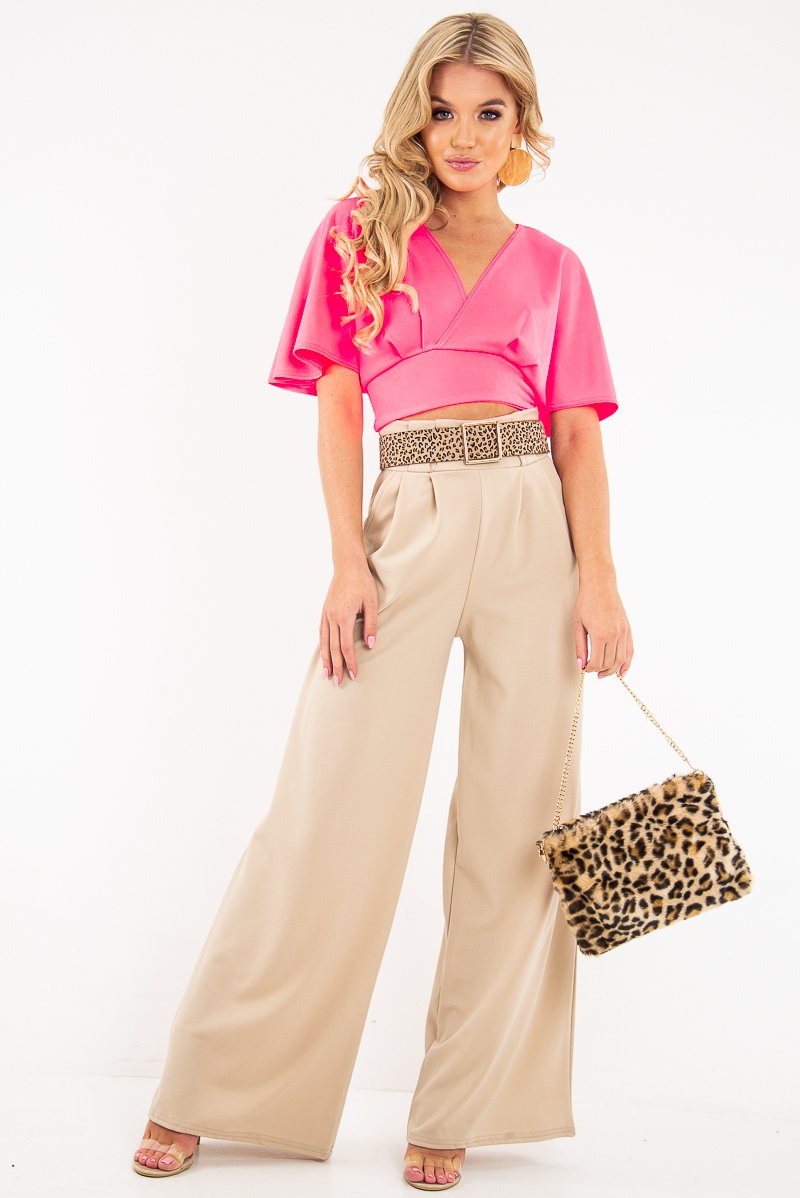 Neon Pink Plunge Tie Back Blouse Crop Top - Bryelle-Blouse