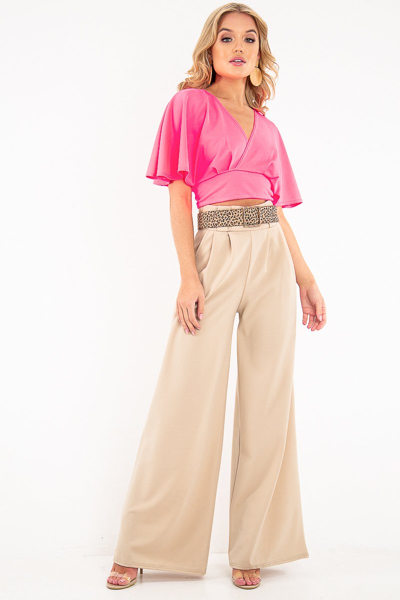 Neon Pink Plunge Tie Back Blouse Crop Top - Bryelle-Blouse