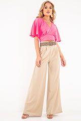 Neon Pink Plunge Tie Back Blouse Crop Top - Bryelle-Blouse