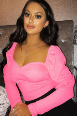 Neon Pink Puff Sleeve Sweetheart Neckline Crop Top - Tomi-Crop Tops