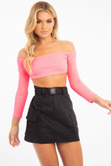 Neon Pink Ribbed Bardot Crop Top - Jodi-Crop Tops