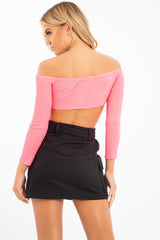 Neon Pink Ribbed Bardot Crop Top - Jodi-Crop Tops