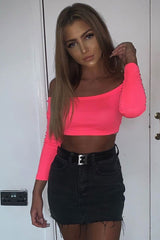 Neon Pink Ribbed Bardot Crop Top - Jodi-Crop Tops