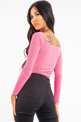 Neon Pink Ribbed Square Neck Bodysuit - Alysha-Bodysuits