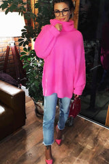 Neon Pink Roll Neck Jumper Dress - Freylynn-Dresses
