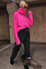 Neon Pink Roll Neck Jumper Dress - Freylynn-Dresses