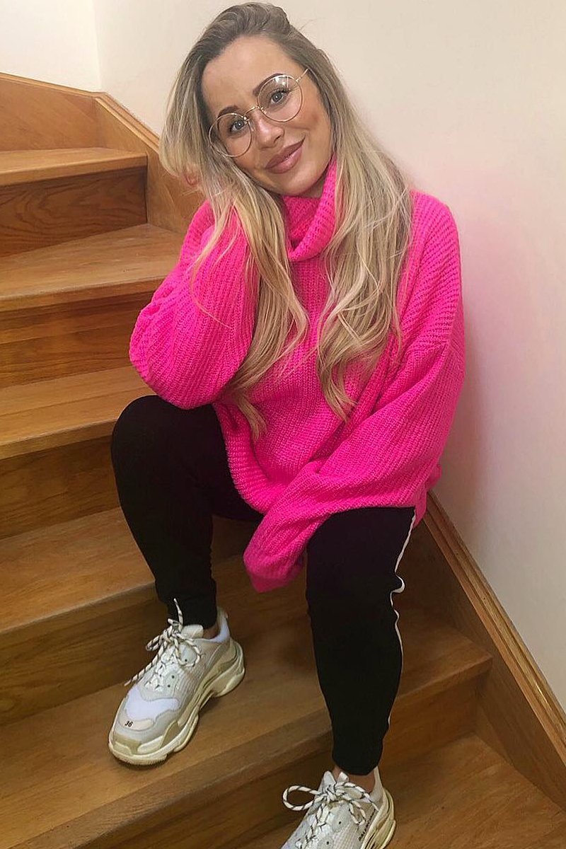 Neon Pink Roll Neck Jumper Dress - Freylynn-Dresses