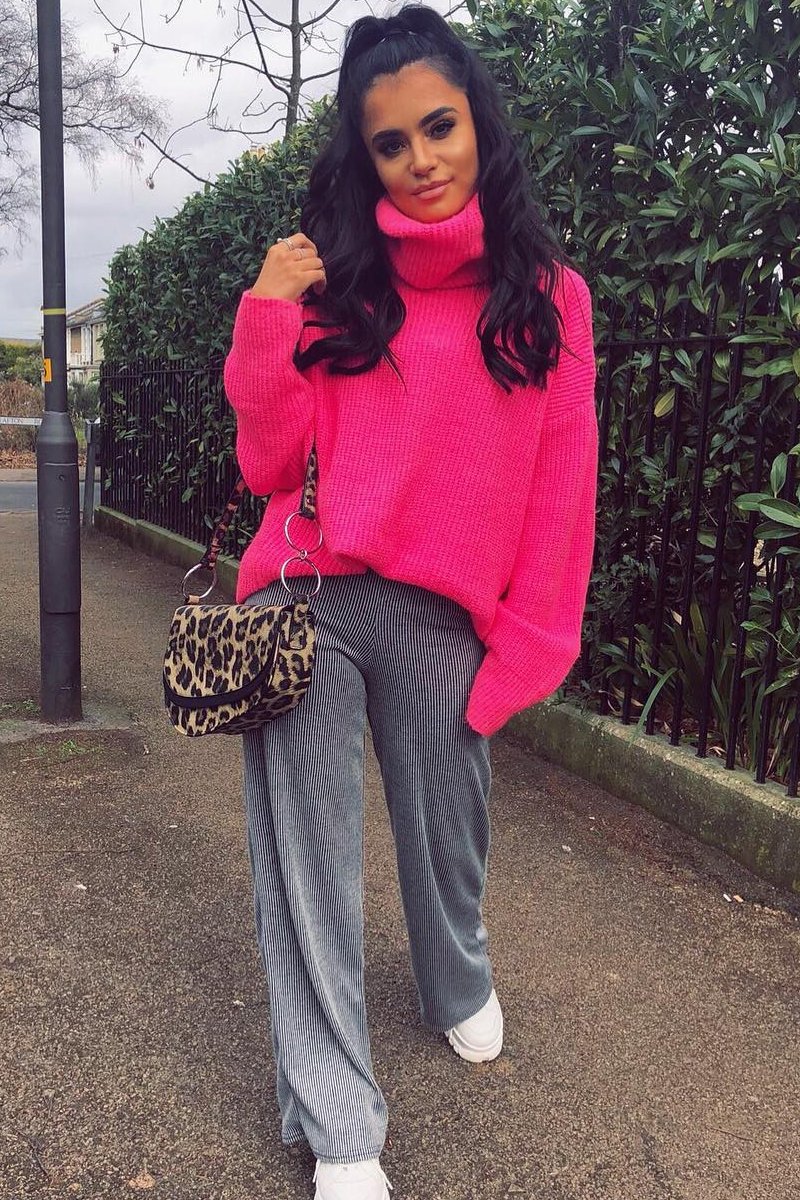 Neon Pink Roll Neck Jumper Dress - Freylynn-Dresses