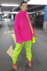 Neon Pink Roll Neck Jumper Dress - Freylynn-Dresses