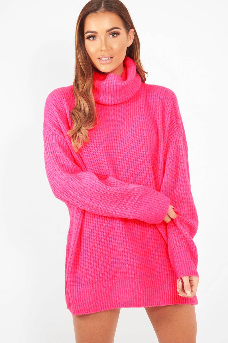 Neon Pink Roll Neck Jumper Dress - Freylynn-Dresses
