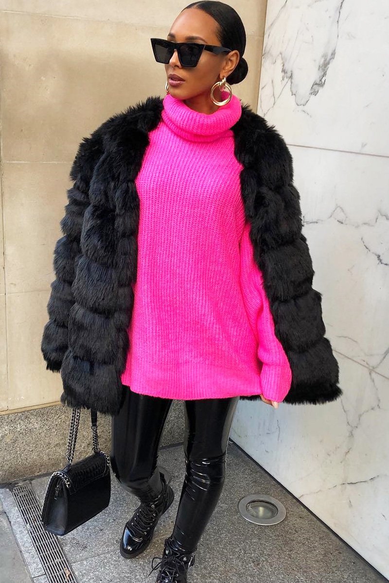 Neon Pink Roll Neck Jumper Dress - Freylynn-Dresses