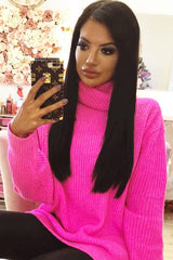Neon Pink Roll Neck Jumper Dress - Freylynn-Dresses