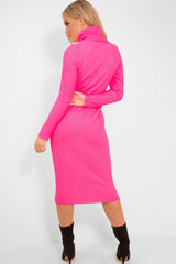 Neon Pink Roll Neck Rib Midi Jumper Dress - Giana-Dresses