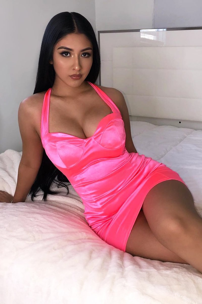 Neon Pink Satin Cup Detail Mini Dress - Jenna-Dresses