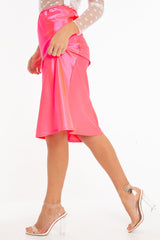 Neon Pink Satin High Waist Floaty Midi Skirt - Dasha-Skirts