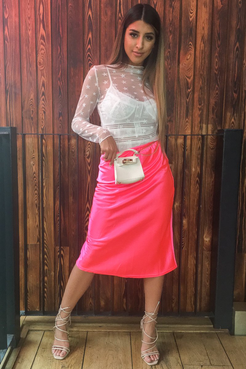 Neon Pink Satin High Waist Floaty Midi Skirt - Dasha-Skirts