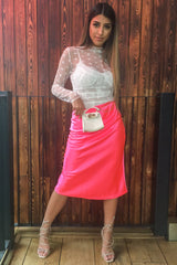 Neon Pink Satin High Waist Floaty Midi Skirt - Dasha-Skirts