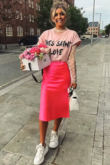 Neon Pink Satin High Waist Floaty Midi Skirt - Dasha-Skirts