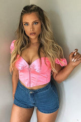 Neon Pink Satin Milkmaid Ring Zip Crop Top - Aariel-Crop Tops