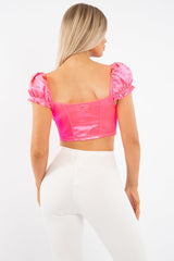 Neon Pink Satin Milkmaid Ring Zip Crop Top - Aariel-Crop Tops
