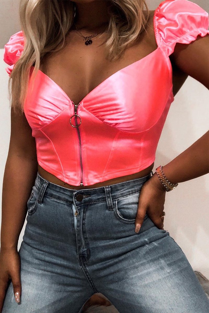 Neon Pink Satin Milkmaid Ring Zip Crop Top - Aariel-Crop Tops