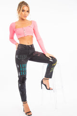 Neon Pink Scoop Neckline Button Down Crop Top - Mirelle-Crop Tops