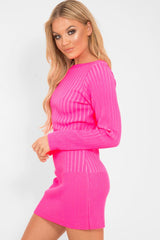 Neon Pink Slash Neck Jumper Dress - Jeslyn-Dresses