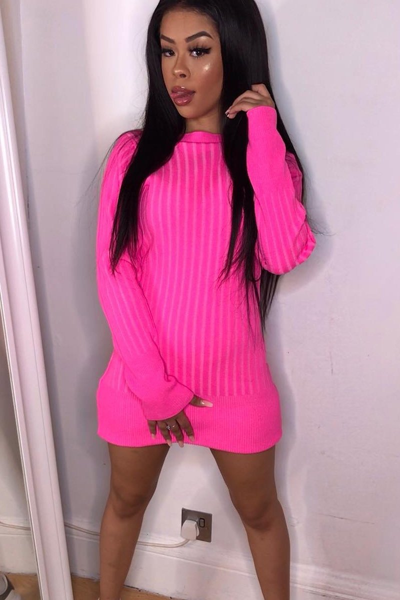 Neon Pink Slash Neck Jumper Dress - Jeslyn-Dresses