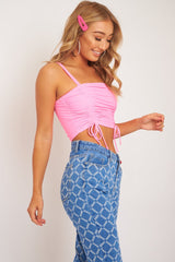 Neon Pink Slinky Ruched Detail Crop Top - Bellah-Crop Tops
