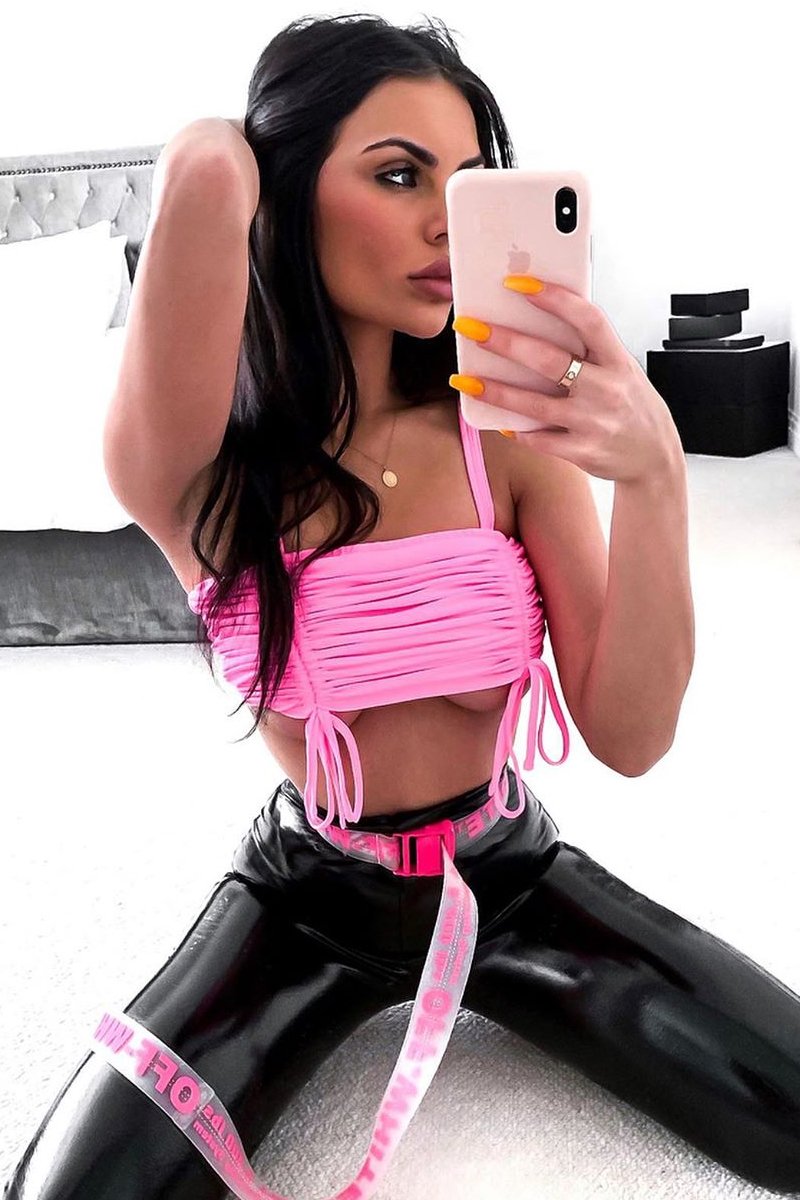 Neon Pink Slinky Ruched Detail Crop Top - Bellah-Crop Tops